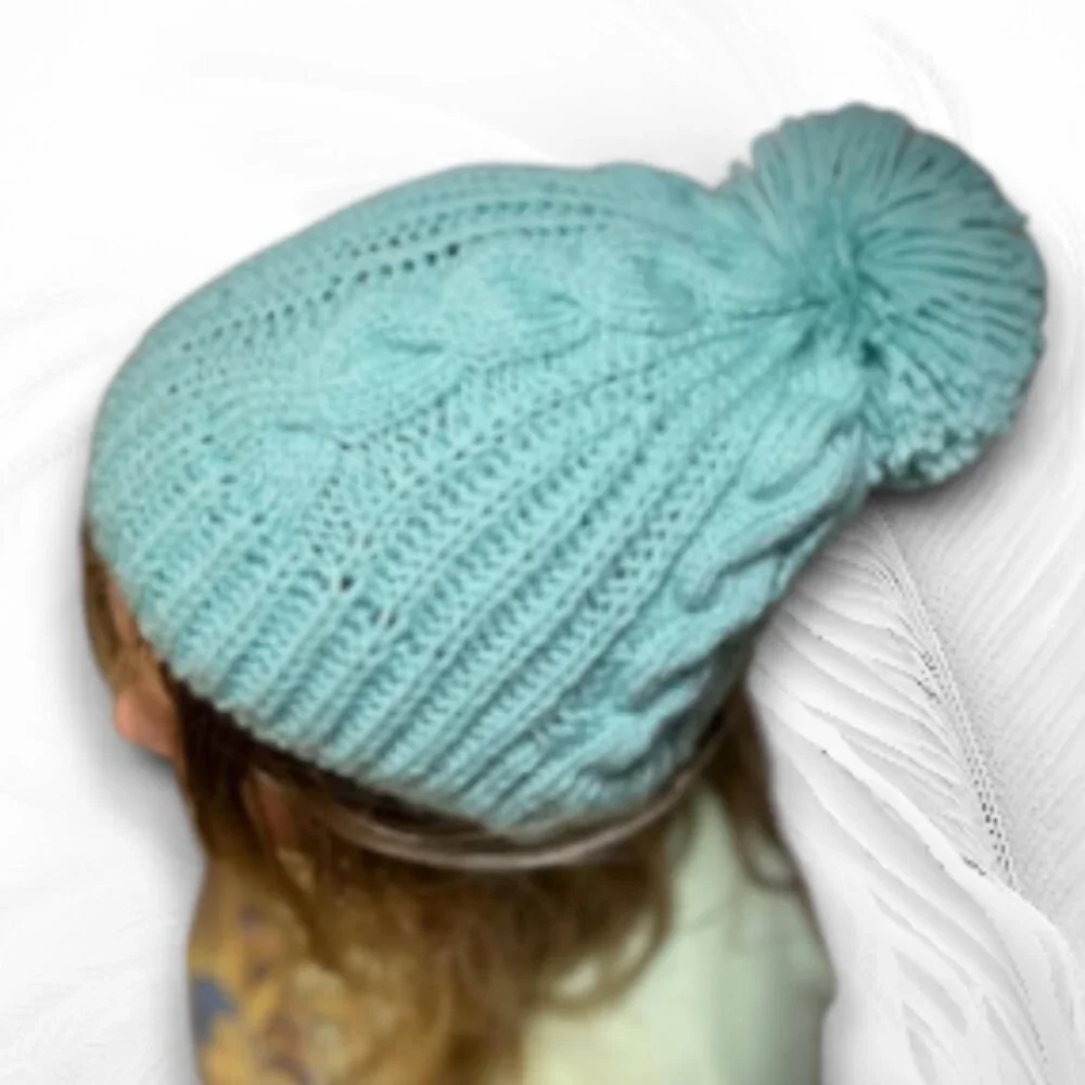 Hand-Knitted Winter Hat with Pom-Pom – Soft Blue Cable Beanie